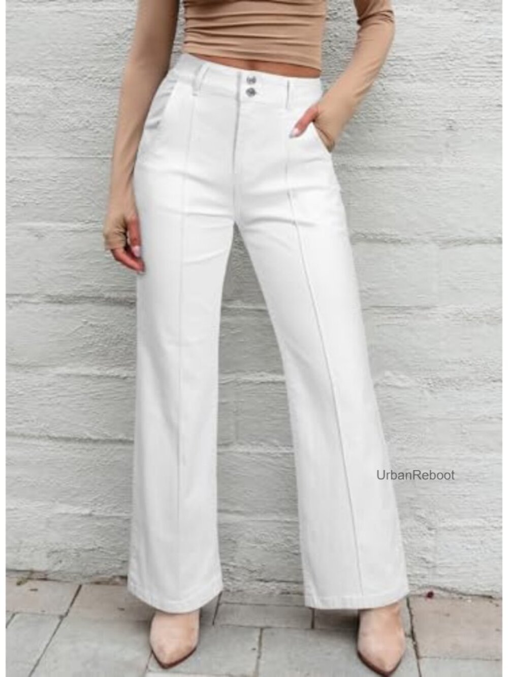 Wide Leg Baggy High Waisted Stretch Denim Pants with Pockets - Picture 2 of 6